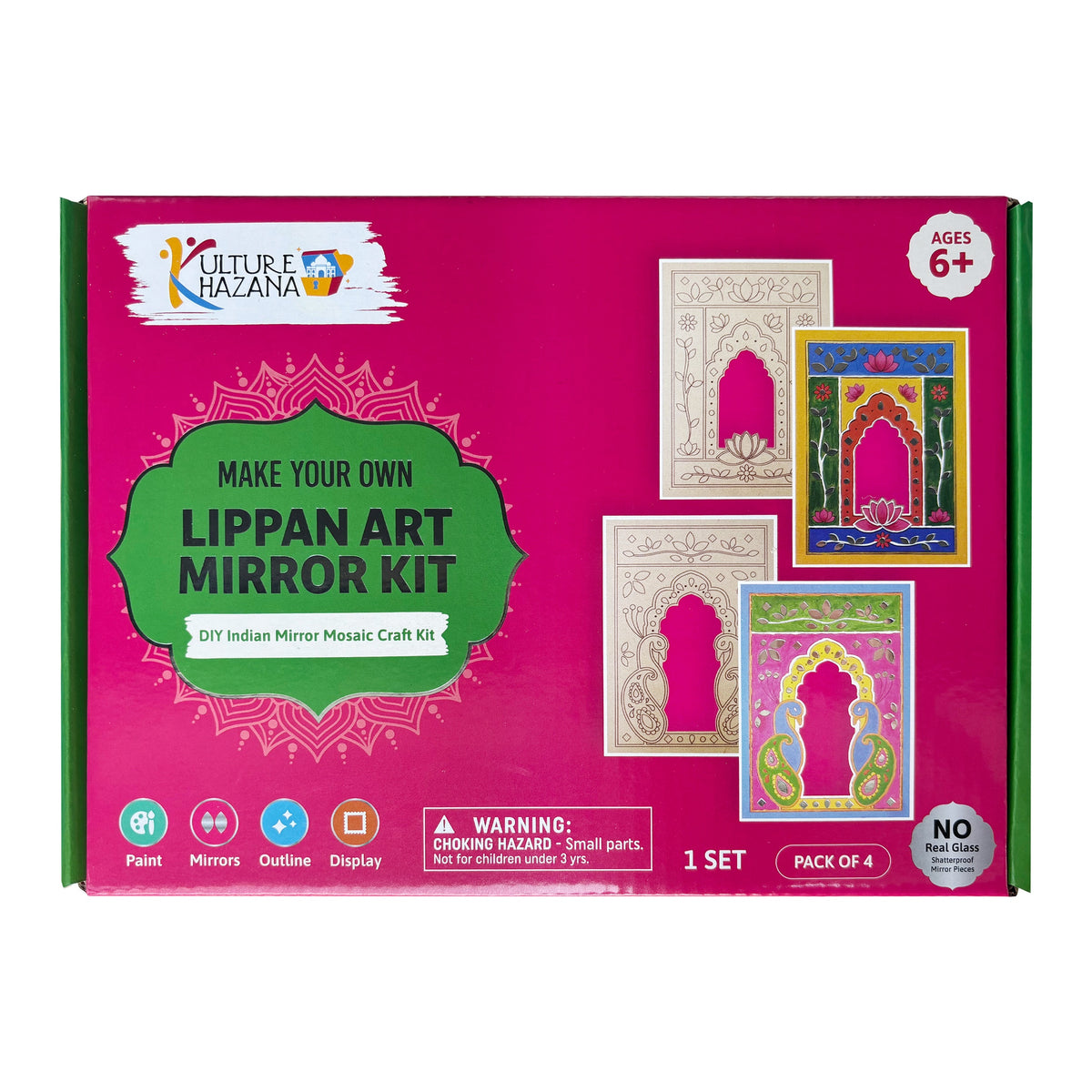 Kulture Khazana Make Your Own Lippan Art Mirror Kit box, a DIY Indian mirror mosaic craft kit for kids