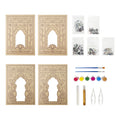 Lippan art kit contents: 4 MDF jharokha boards, acrylic paints, white and gold 3D paint, shatterproof mirrors, brushes, and mirror tools