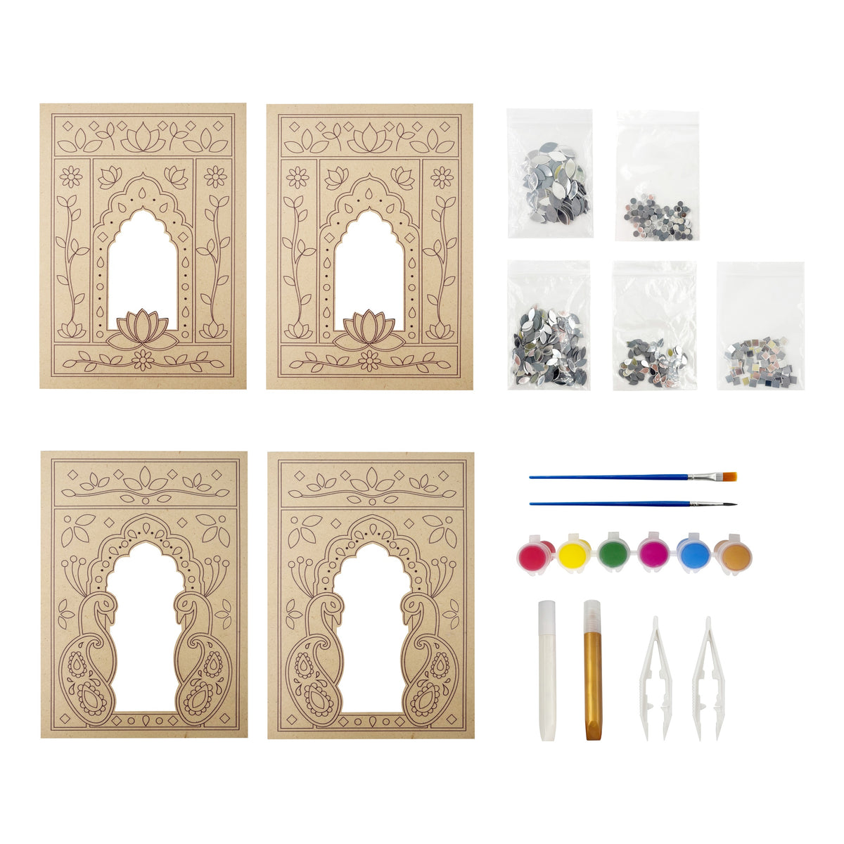 Lippan art kit contents: 4 MDF jharokha boards, acrylic paints, white and gold 3D paint, shatterproof mirrors, brushes, and mirror tools