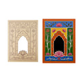 Finished Lippan art jharokha mirror board painted in bright colors next to a blank pre-printed board